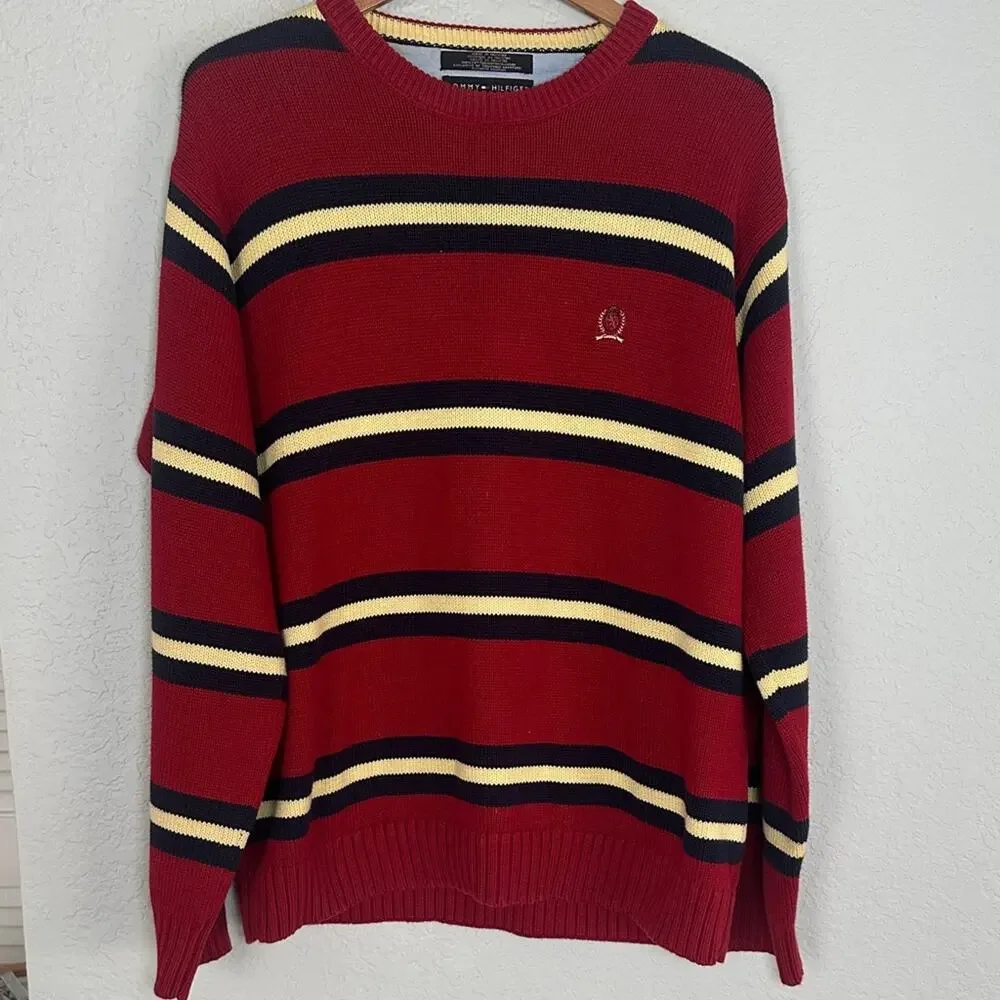 Vintage 90s Tommy Hilfiger Red Navy Striped Crewneck Sweater Collegiate Mens XL